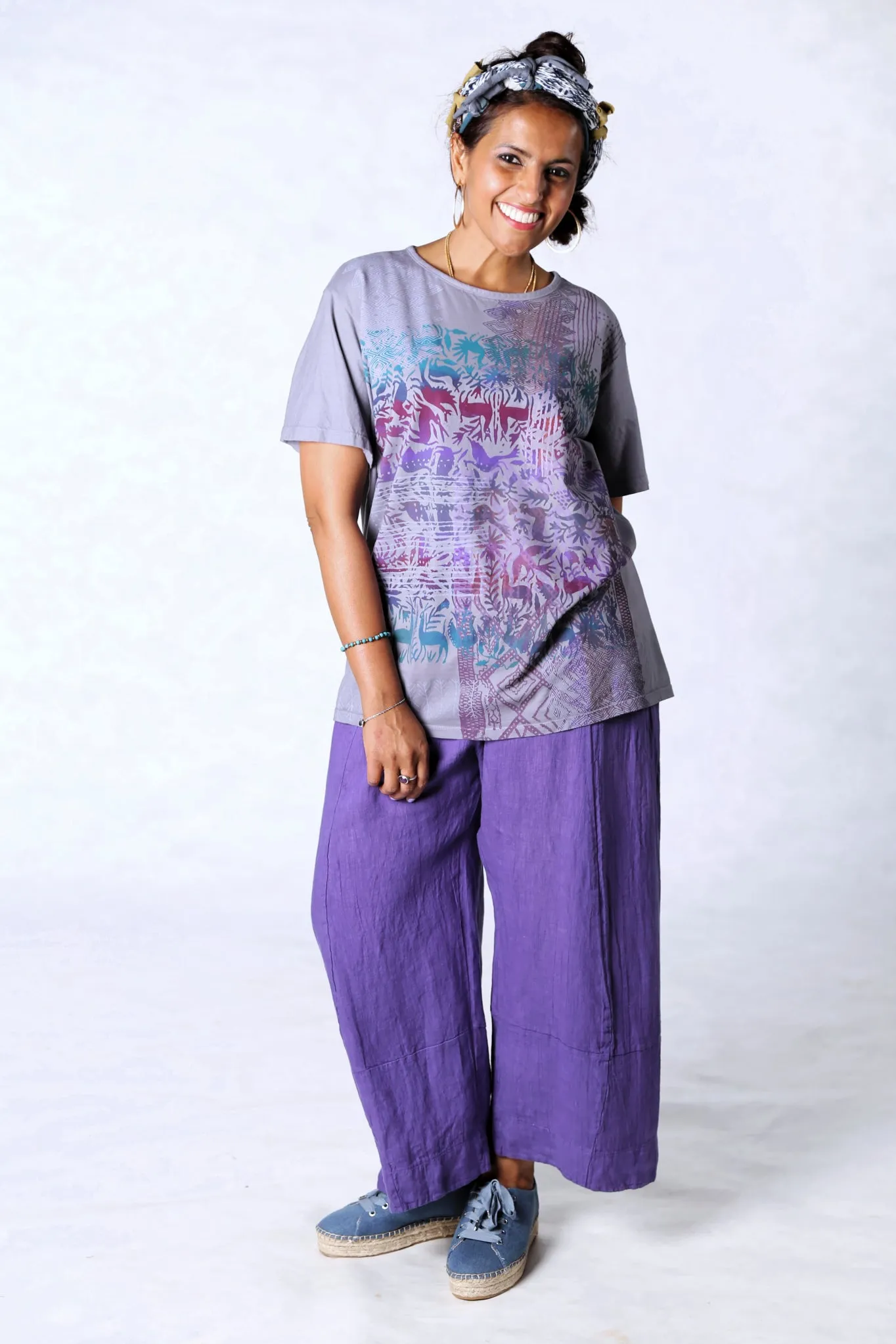 1253 The Berna Tee Purple Animal Garden Textile Print-P