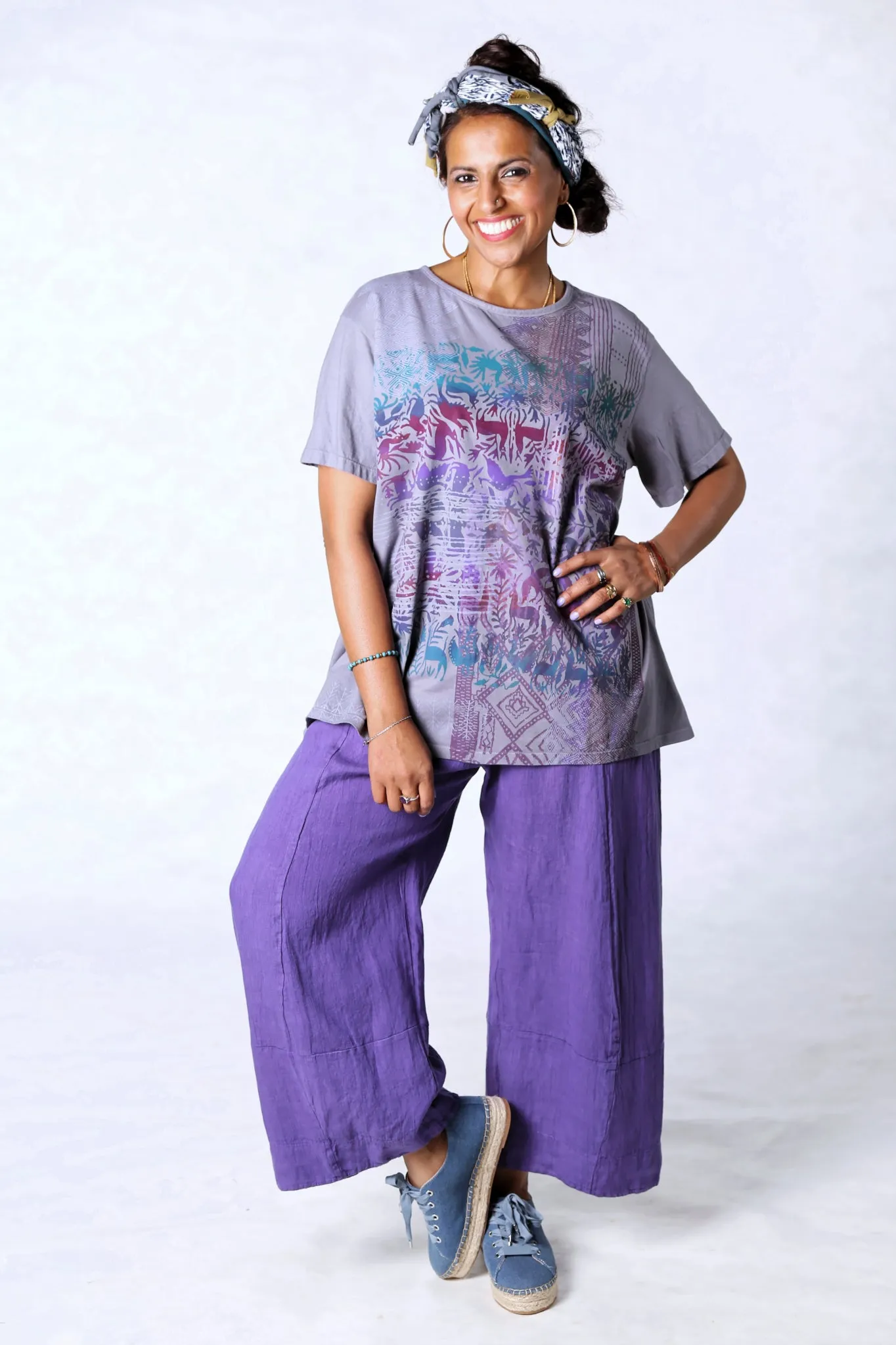 1253 The Berna Tee Purple Animal Garden Textile Print-P