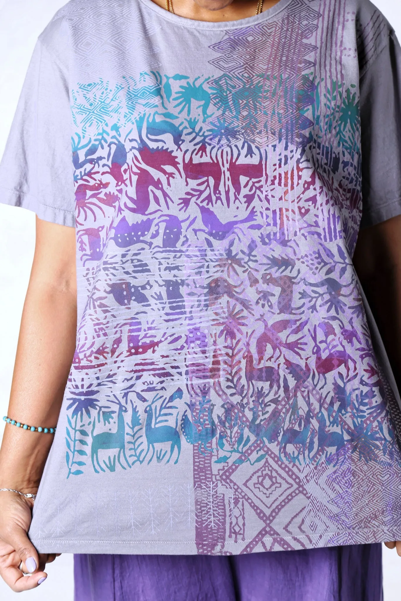 1253 The Berna Tee Purple Animal Garden Textile Print-P