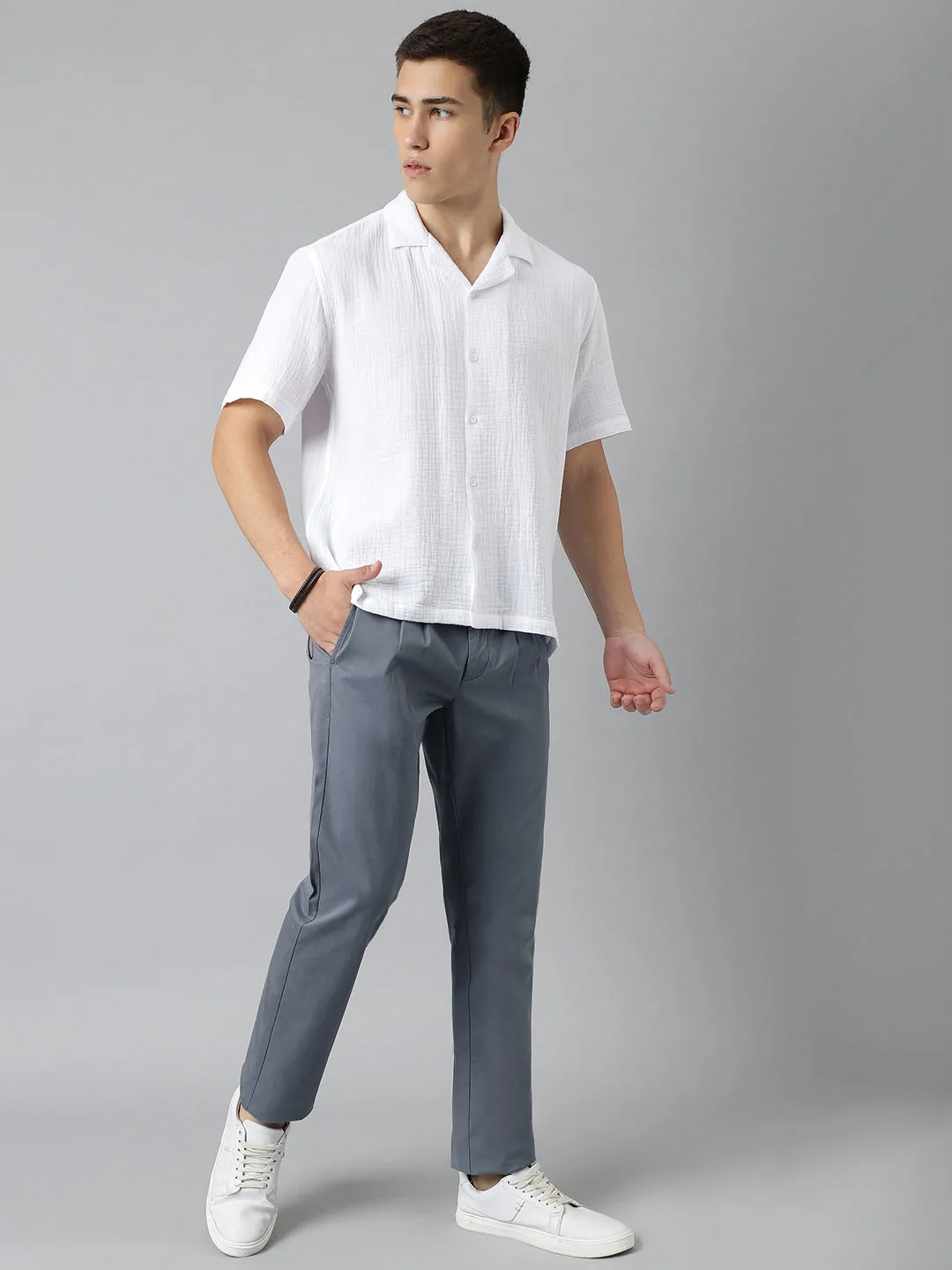 2 Way Stretch Pleated Chinos in Slate Grey- Comfort Fit