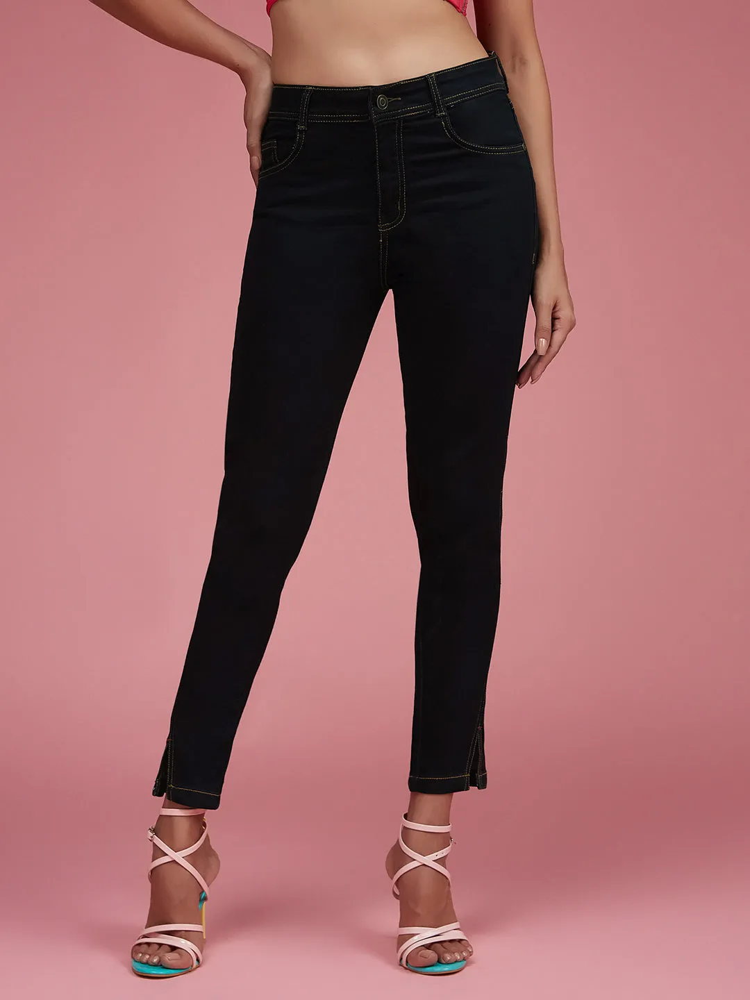 24/7 Comfort Black Skinny High-Rise Side-Slit Solid Ankle Length Stretchable Denim Jeans