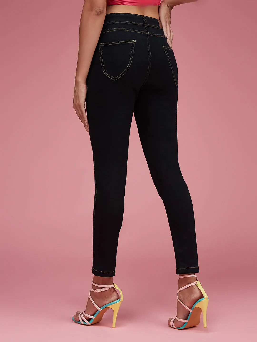 24/7 Comfort Black Skinny High-Rise Side-Slit Solid Ankle Length Stretchable Denim Jeans