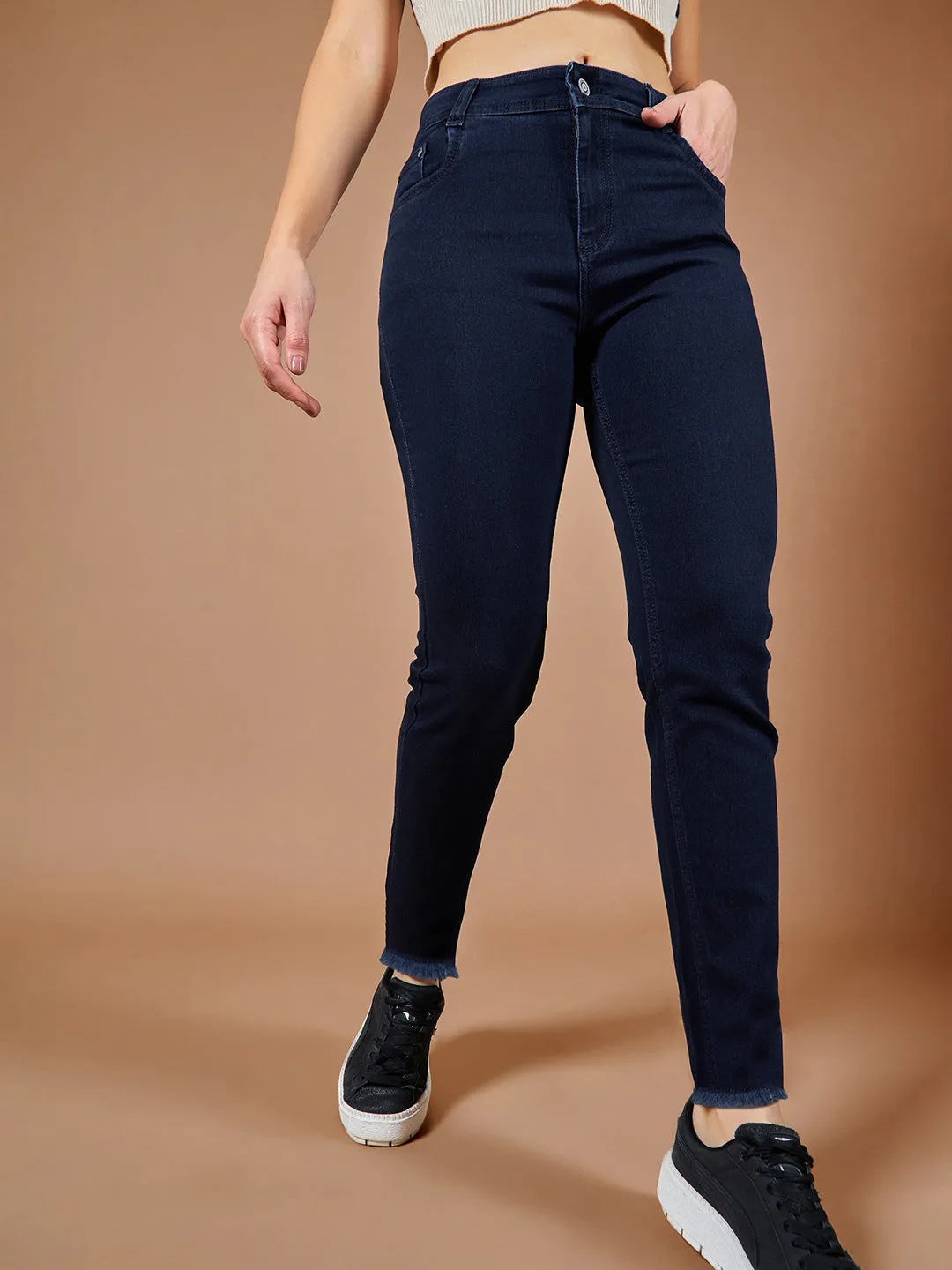 24/7 Comfort Navy-Blue Mid-Rise Solid Stretchable Denim Jeans