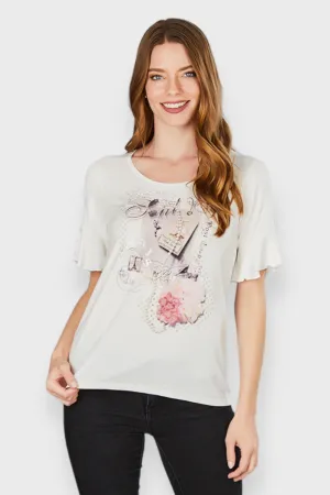 Adele Ruffle Sleeve Rhinestone Detail Blouse