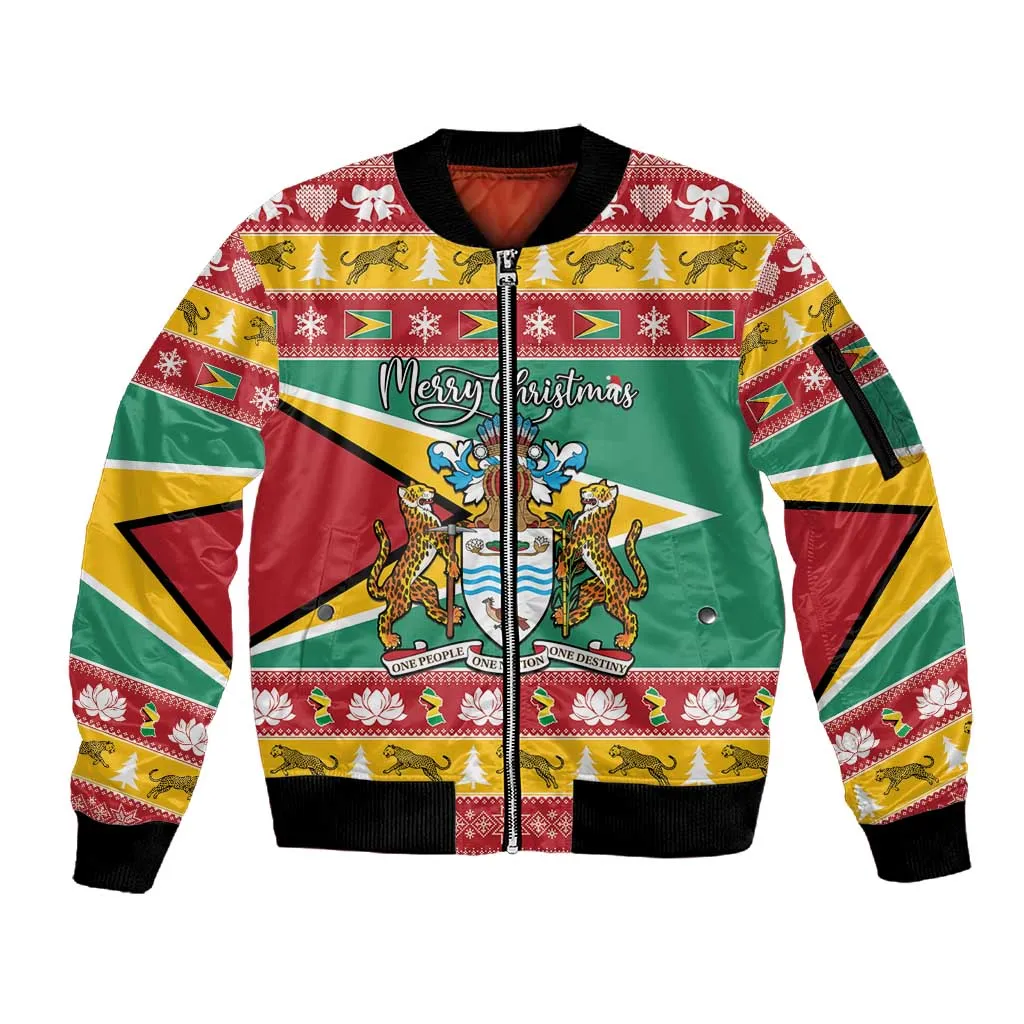Afro Guyana Christmas Sleeve Zip Bomber Jacket Mix Coat Of Arms LT15