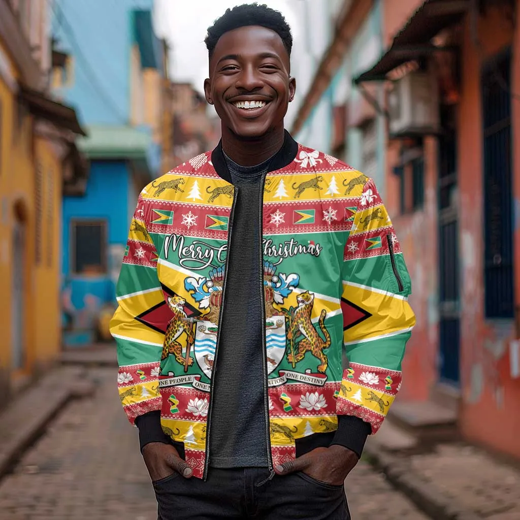 Afro Guyana Christmas Sleeve Zip Bomber Jacket Mix Coat Of Arms LT15