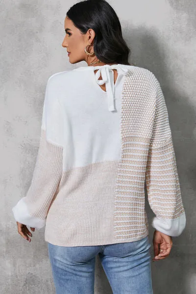 Alyssa Color Block Tied Dropped Shoulder Sweater