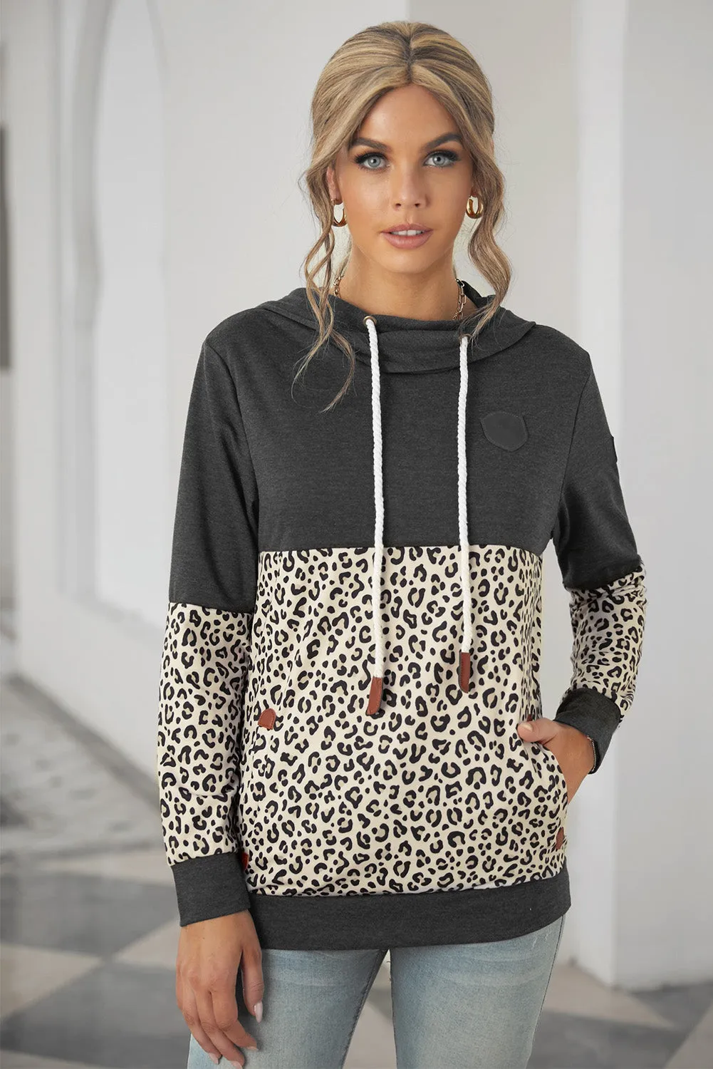 Animal Print Splicing Cowl Neck Drawstring Hoodie