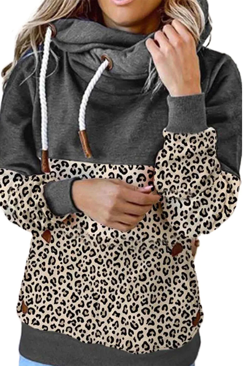 Animal Print Splicing Cowl Neck Drawstring Hoodie