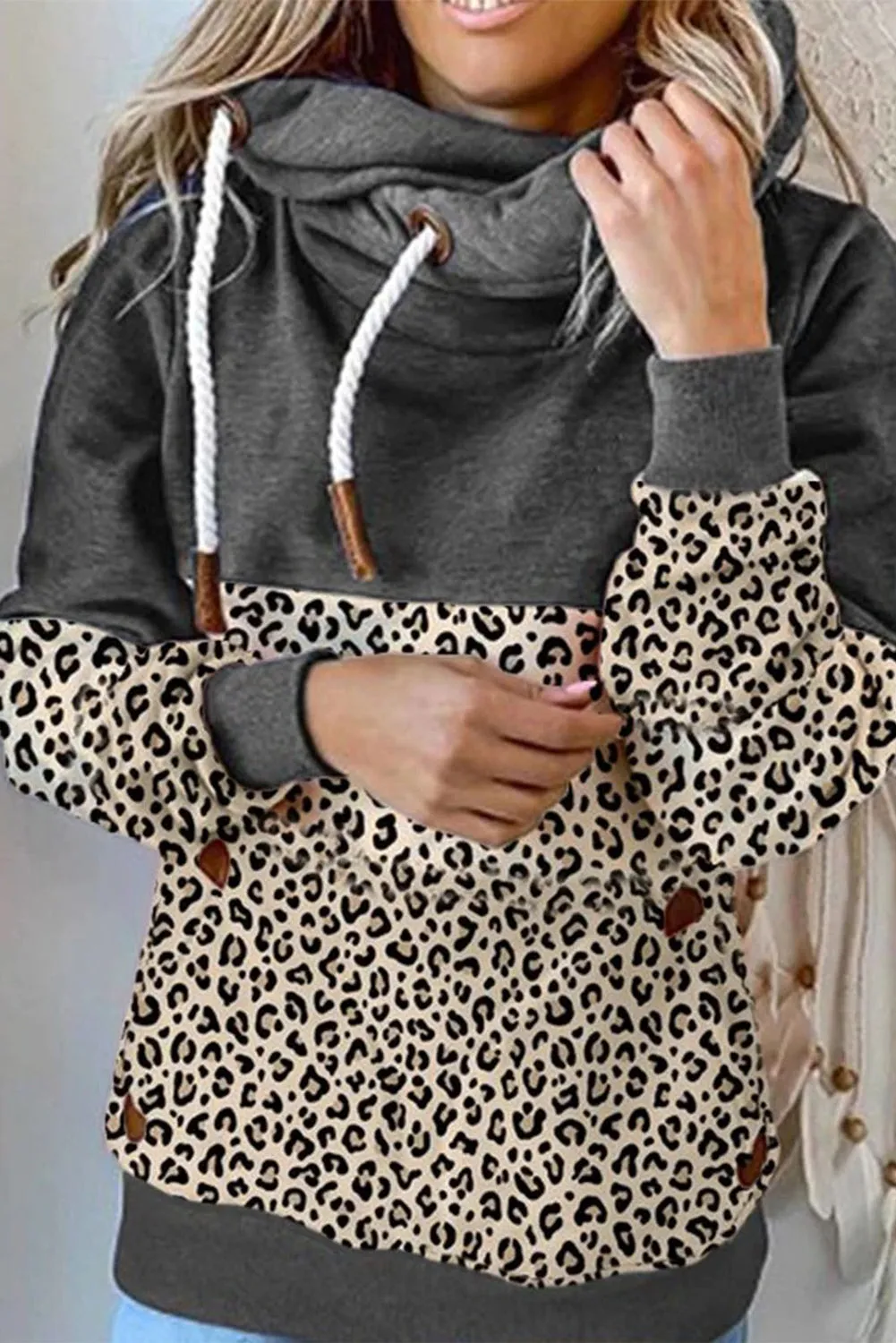 Animal Print Splicing Cowl Neck Drawstring Hoodie