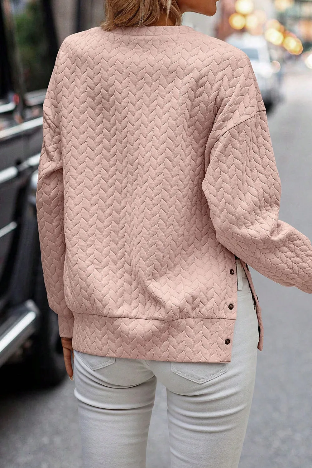 Apricot Powder Solid Button Detail Drop Shoulder Sweatshirt