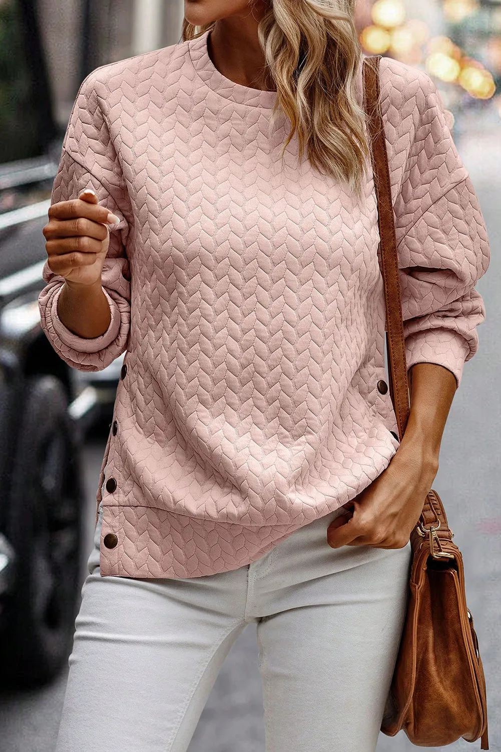 Apricot Powder Solid Button Detail Drop Shoulder Sweatshirt