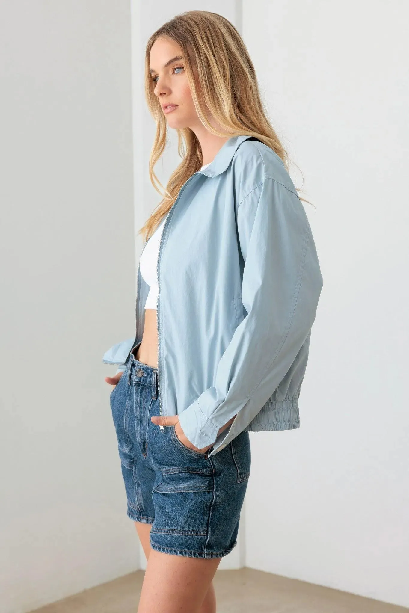 Baby Blue 100% Cotton Zip Up Collared Boxy Jacket