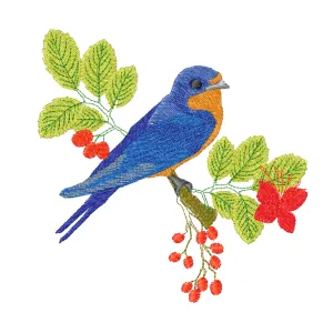Barn Swallow on Branch with Berries - Bird Machine Embroidery Design