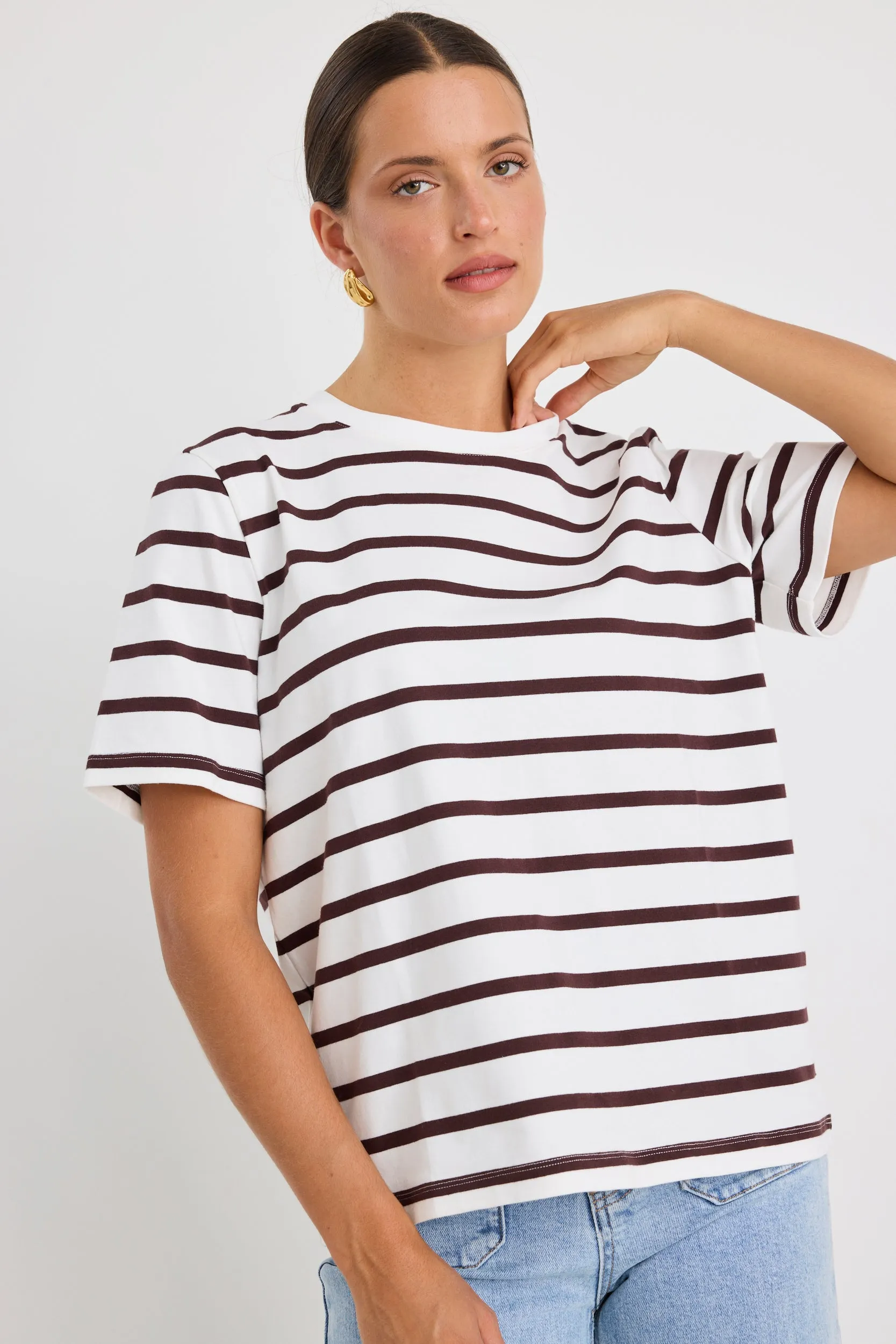 Binding Chocolate White Stripe Boxy Fit Tee