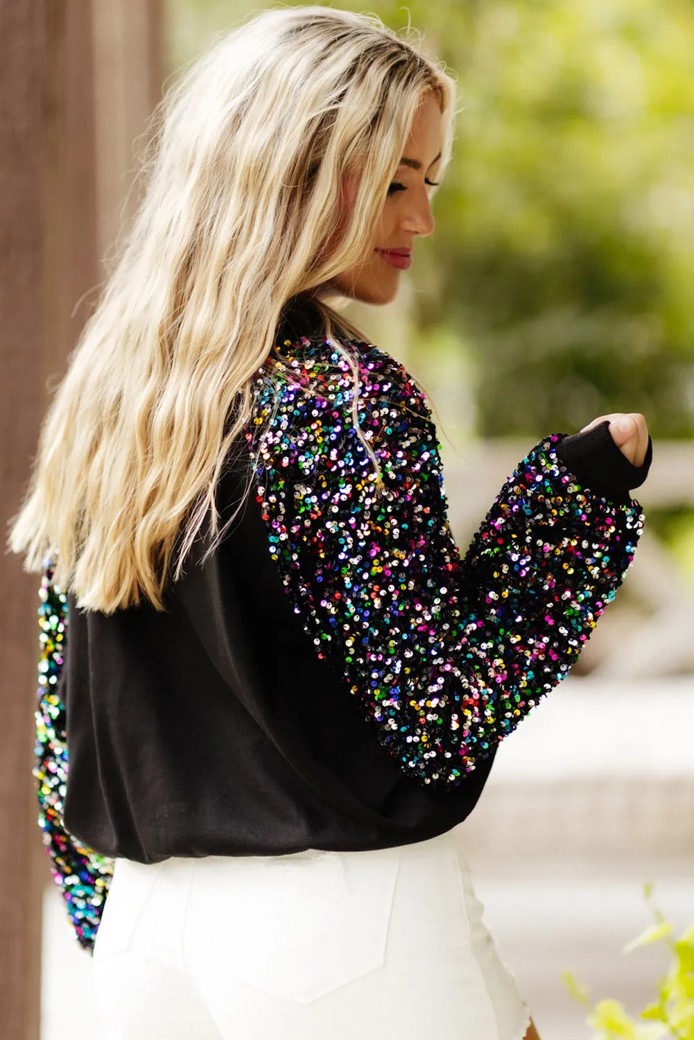 Black Button Split Neck Multi Sequin Sleeve Sweatshirt
