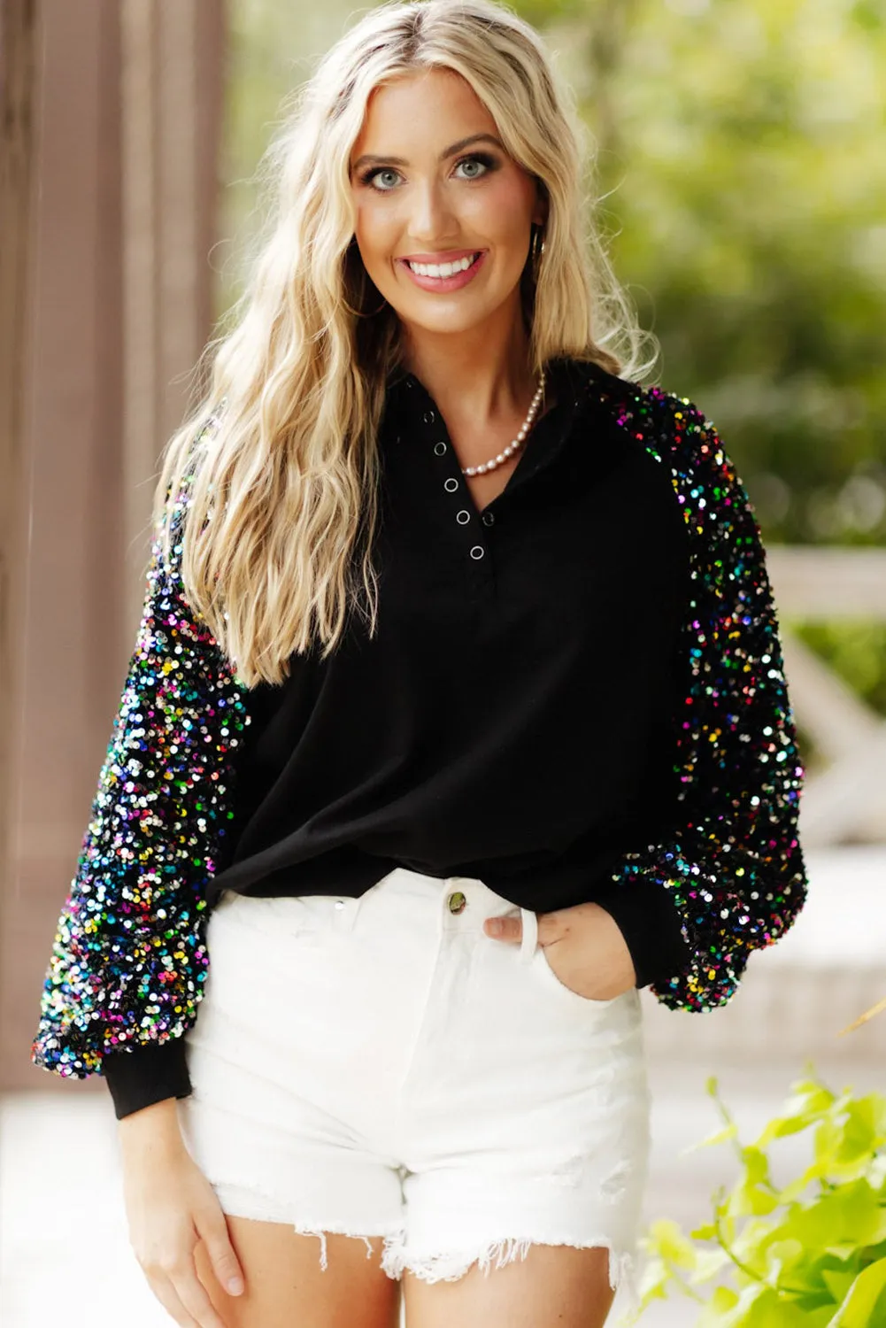 Black Button Split Neck Multi Sequin Sleeve Sweatshirt