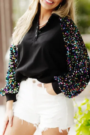Black Button Split Neck Multi Sequin Sleeve Sweatshirt