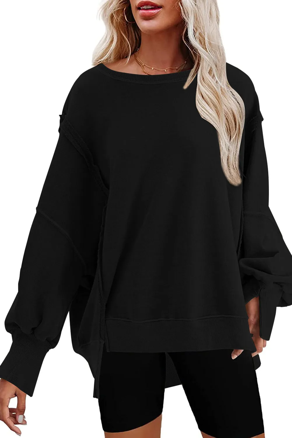 Black Exposed Seam Drop Shoulder Split Hem Sweatshirt