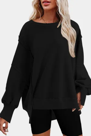Black Exposed Seam Drop Shoulder Split Hem Sweatshirt