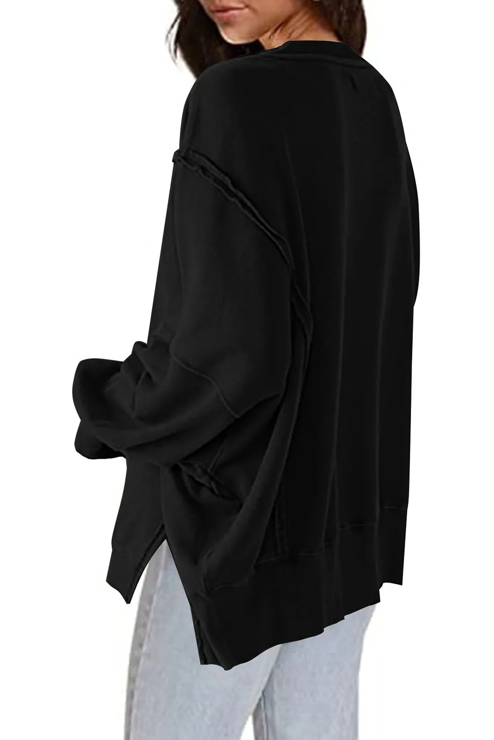 Black Exposed Seam Drop Shoulder Split Hem Sweatshirt