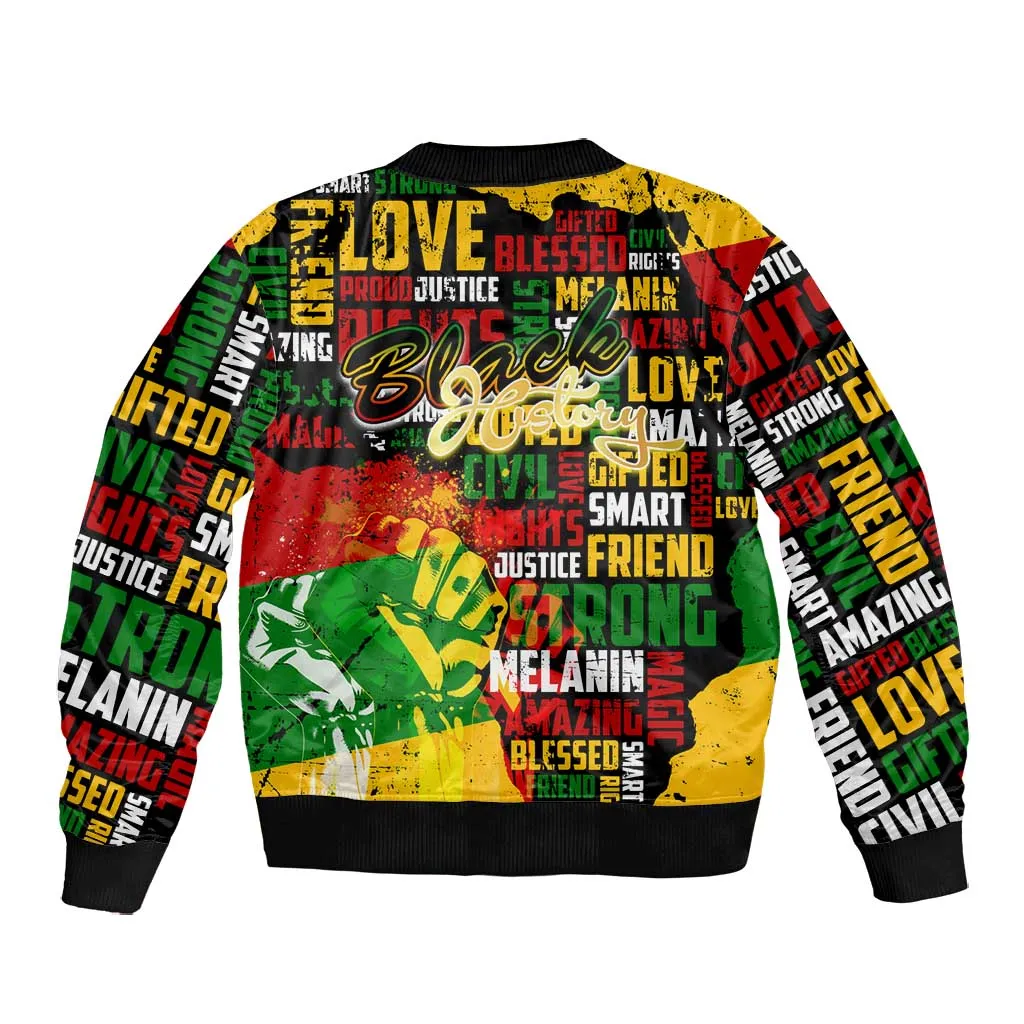Black History Month Africa Bomber Jacket Strength Love and Justice Typography DT02