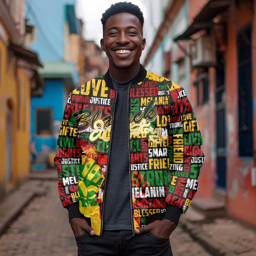 Black History Month Africa Bomber Jacket Strength Love and Justice Typography DT02