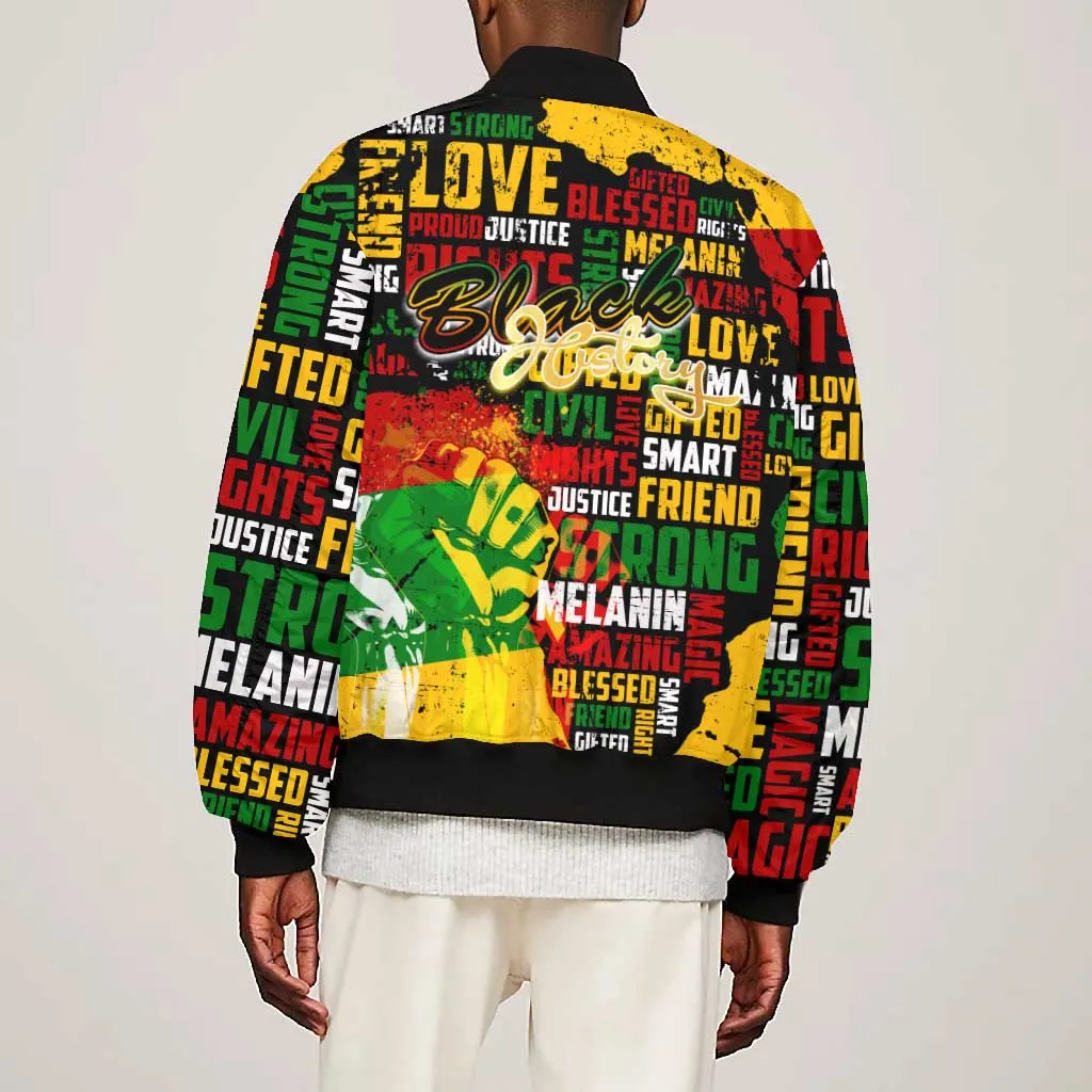 Black History Month Africa Bomber Jacket Strength Love and Justice Typography DT02