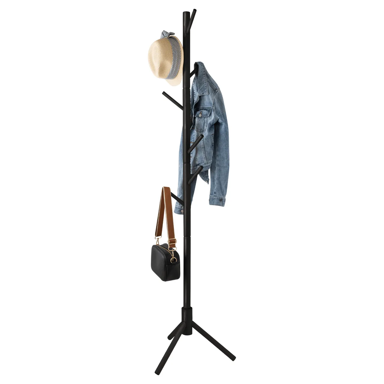 Black Wood Coat Rack Stand, 8 Hooks - Solid Oak - Easy Installation