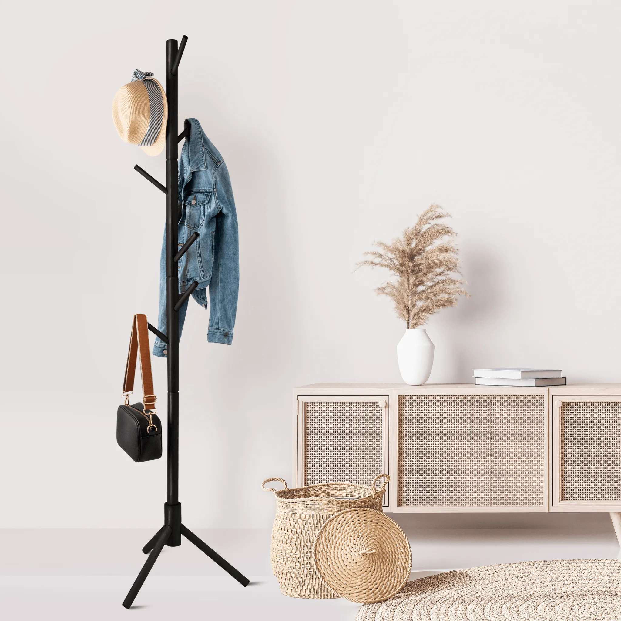 Black Wood Coat Rack Stand, 8 Hooks - Solid Oak - Easy Installation