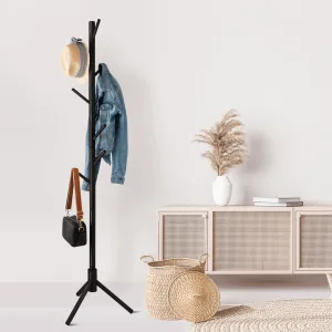 Black Wood Coat Rack Stand, 8 Hooks - Solid Oak - Easy Installation