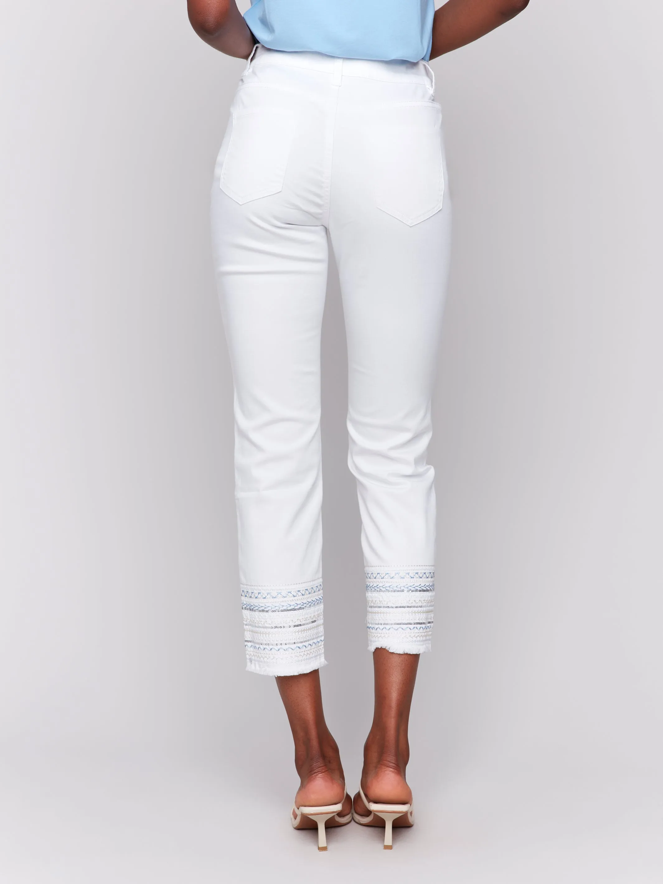 Blue Embroidered Cuff White Ankle Jeans