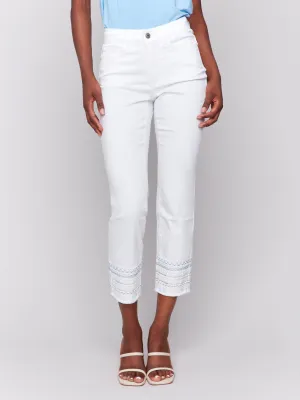 Blue Embroidered Cuff White Ankle Jeans
