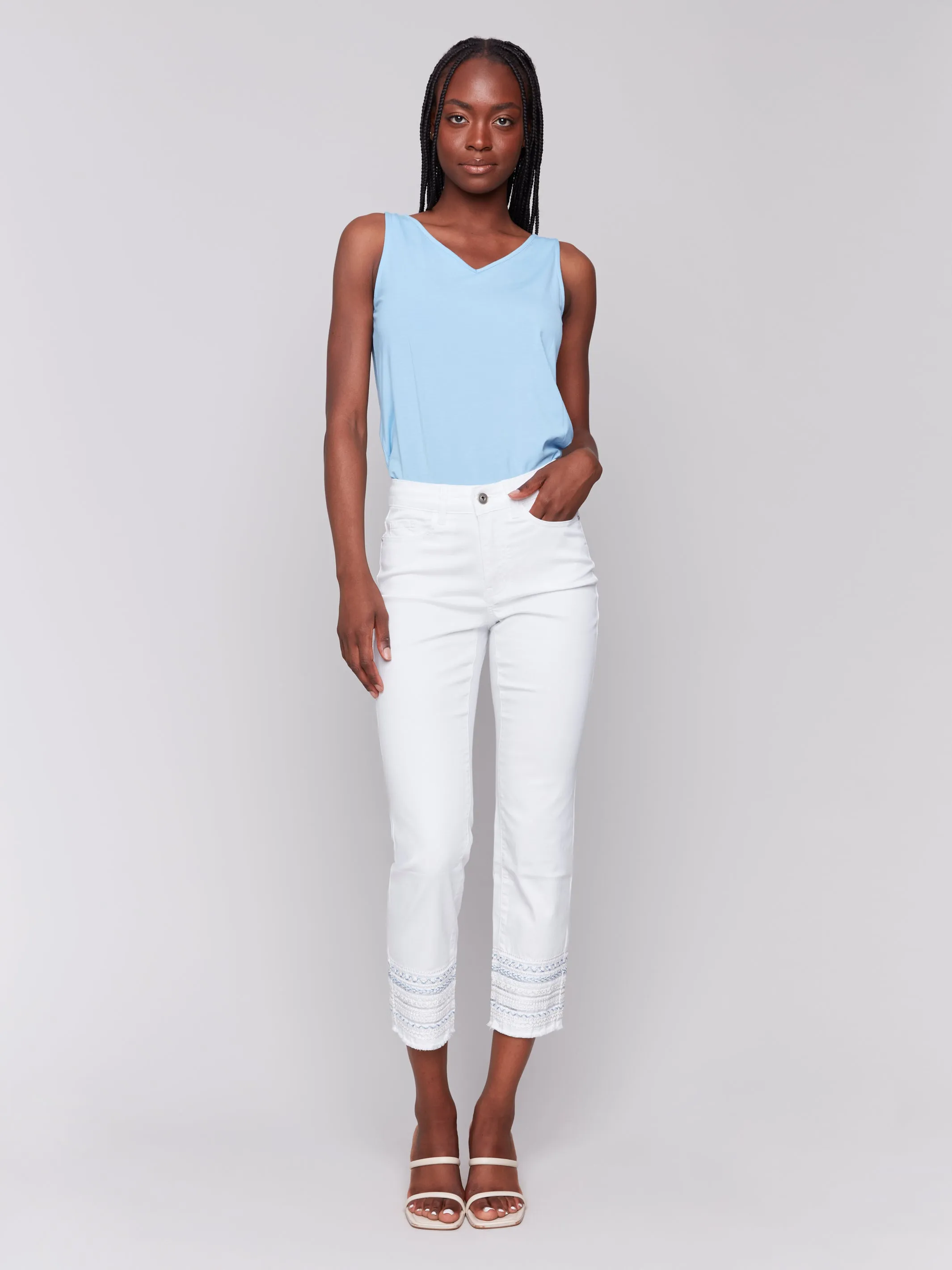 Blue Embroidered Cuff White Ankle Jeans