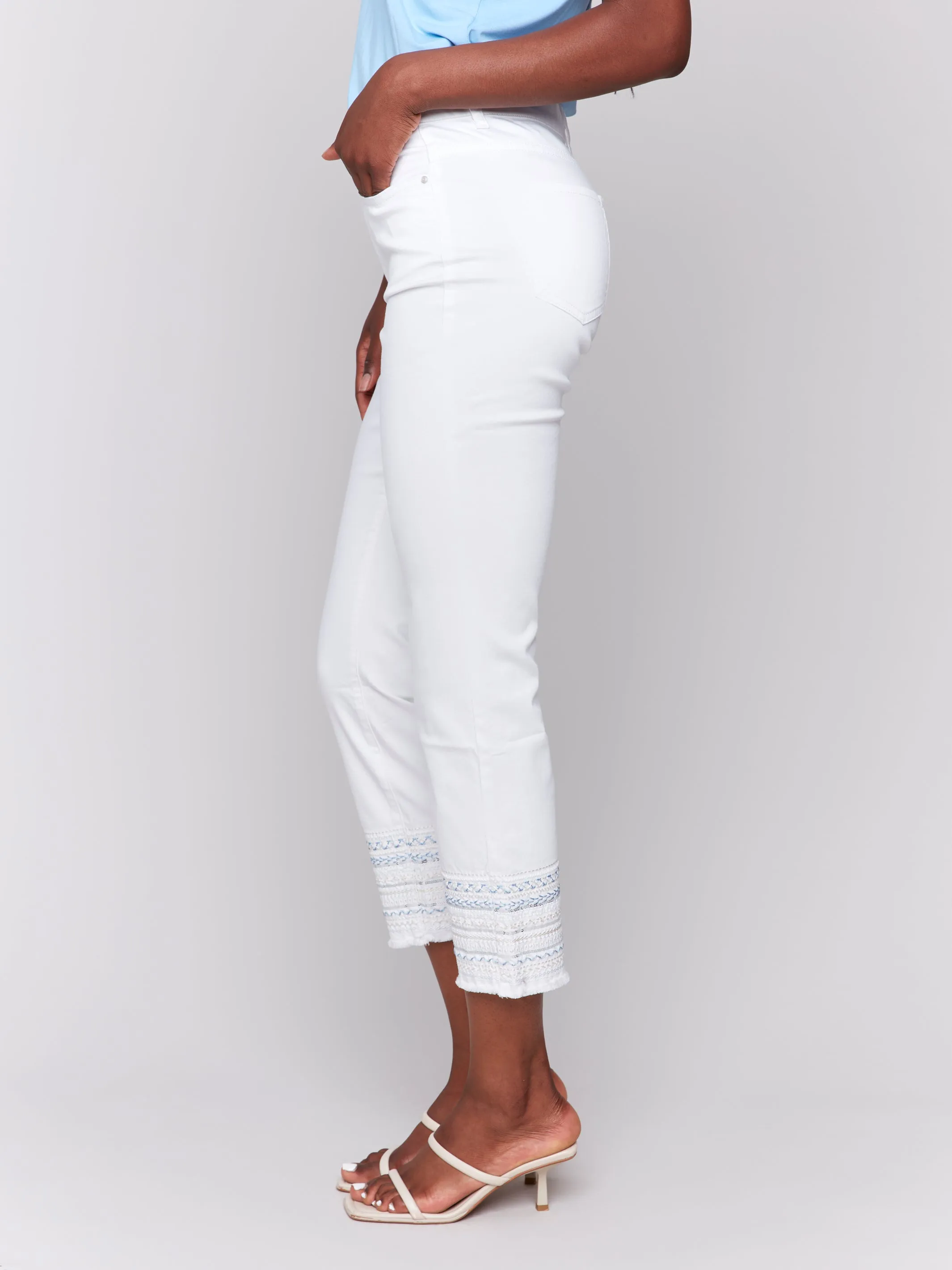 Blue Embroidered Cuff White Ankle Jeans