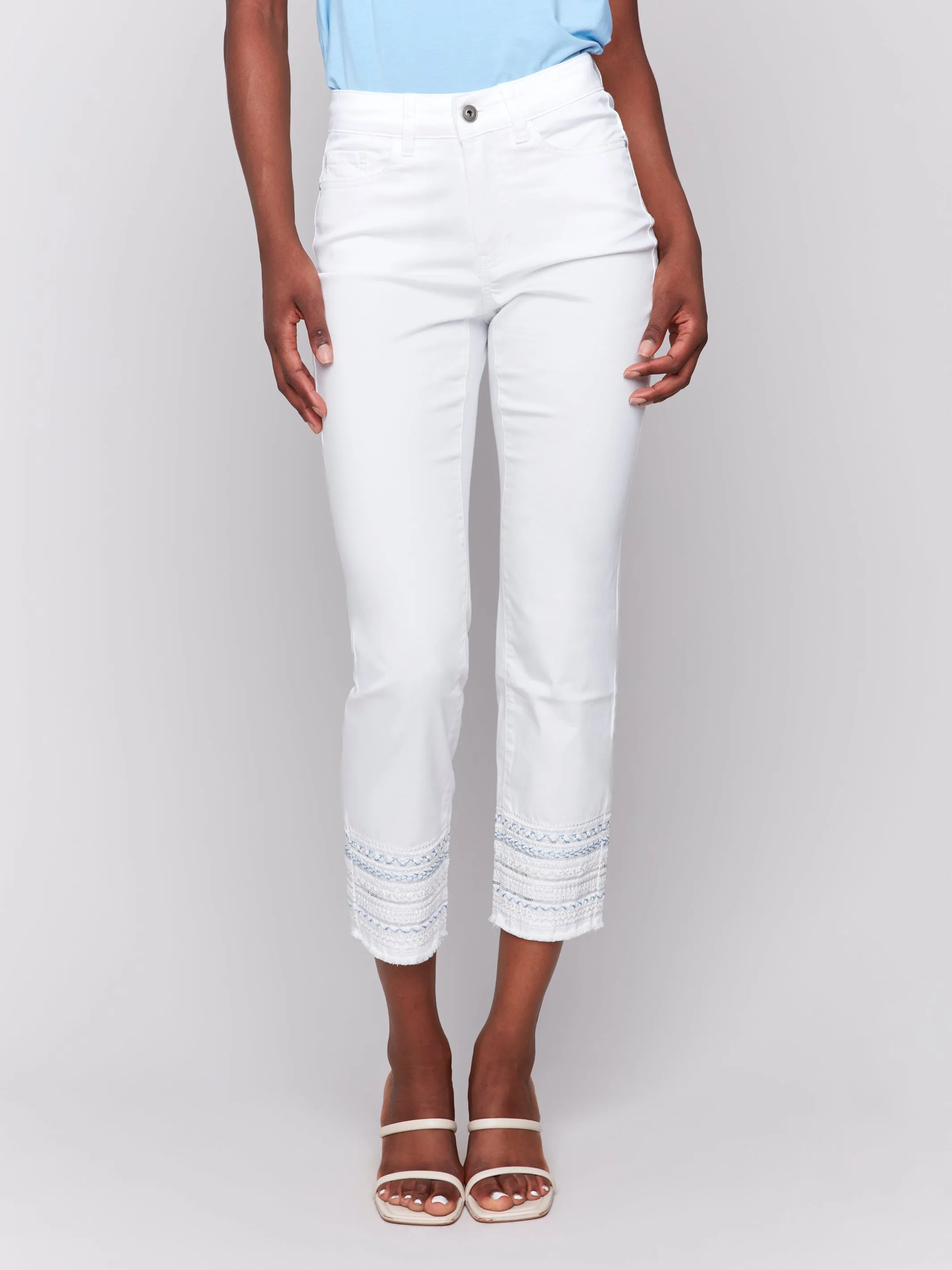 Blue Embroidered Cuff White Ankle Jeans