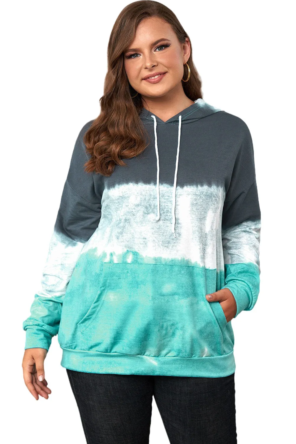 Blue Gradient Colorblock Pullover Plus Size Hoodie