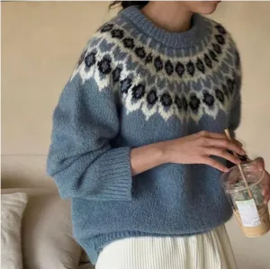 Blue Norwegian yoke sweater - soft Scandinavian women's pullover