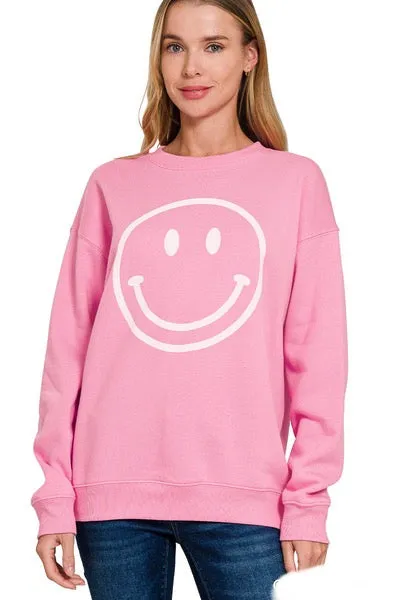 Candy Pink Brushed Fleece Smiley Face Sweatshirt