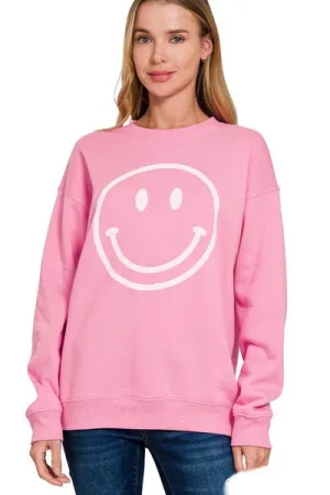 Candy Pink Brushed Fleece Smiley Face Sweatshirt