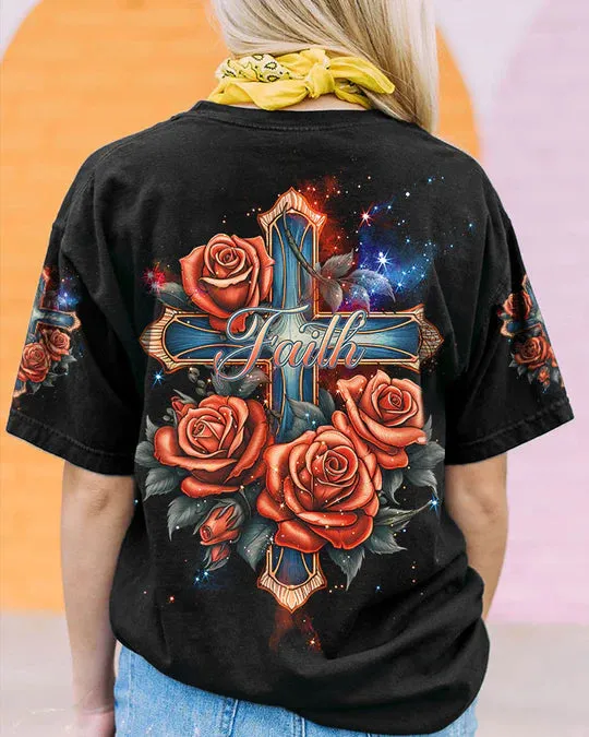 Christianartbag 3D T-Shirt For Women, Faith Cross Rose Vintage Women's All Over Print Shirt, Christian Shirt, Faithful Fashion, 3D Printed Shirts for Christian Women