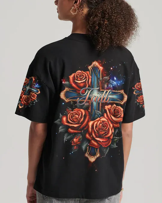 Christianartbag 3D T-Shirt For Women, Faith Cross Rose Vintage Women's All Over Print Shirt, Christian Shirt, Faithful Fashion, 3D Printed Shirts for Christian Women