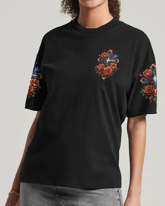 Christianartbag 3D T-Shirt For Women, Faith Cross Rose Vintage Women's All Over Print Shirt, Christian Shirt, Faithful Fashion, 3D Printed Shirts for Christian Women