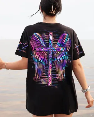Christianartbag 3D T-Shirt For Women, Faith Cross Wings Mermaid Hologram,Christian Shirt, Faithful Fashion, 3D Printed Shirts for Christian Women