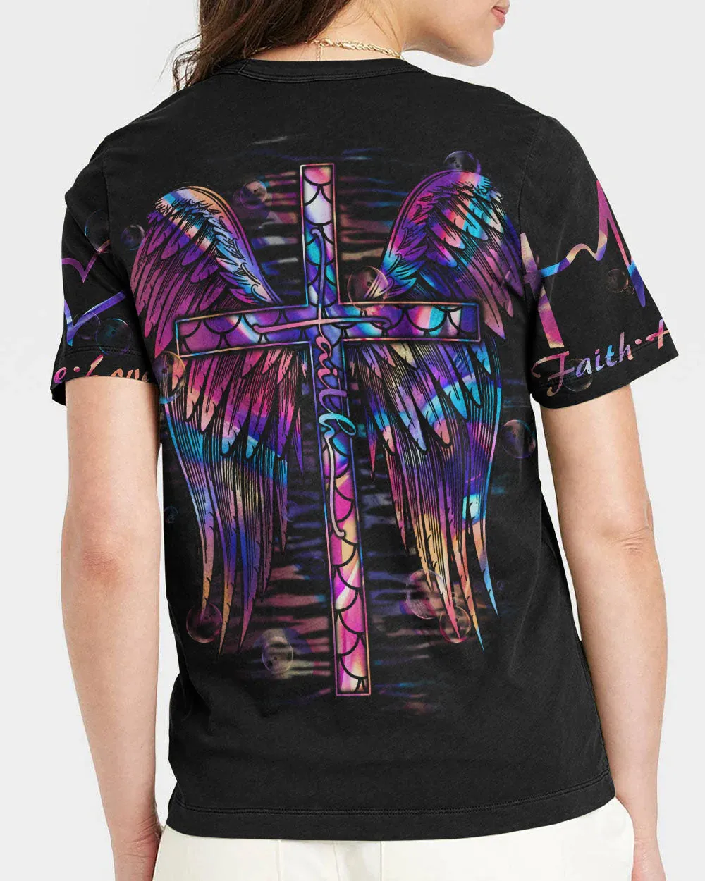 Christianartbag 3D T-Shirt For Women, Faith Cross Wings Mermaid Hologram,Christian Shirt, Faithful Fashion, 3D Printed Shirts for Christian Women