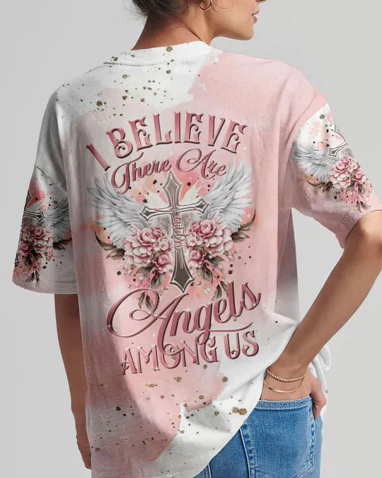 Christianartbag 3D T-Shirt For Women, I Believe There Are Angels Among Us Floral Wings Women's All Over Print Shirt, Christian Shirt, Faithful Fashion, 3D Printed Shirts for Christian Women