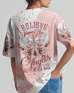 Christianartbag 3D T-Shirt For Women, I Believe There Are Angels Among Us Floral Wings Women's All Over Print Shirt, Christian Shirt, Faithful Fashion, 3D Printed Shirts for Christian Women