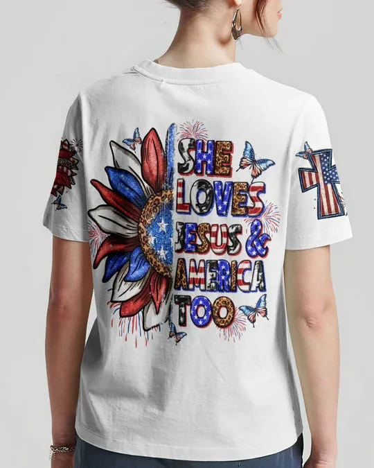 Christianartbag 3D T-Shirt For Women, She Loves Jesus and America Women's All Over Print Shirt, Christian Shirt, Faithful Fashion, 3D Printed Shirts for Christian Women
