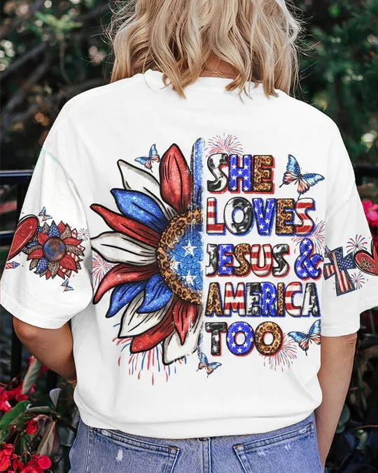 Christianartbag 3D T-Shirt For Women, She Loves Jesus and America Women's All Over Print Shirt, Christian Shirt, Faithful Fashion, 3D Printed Shirts for Christian Women