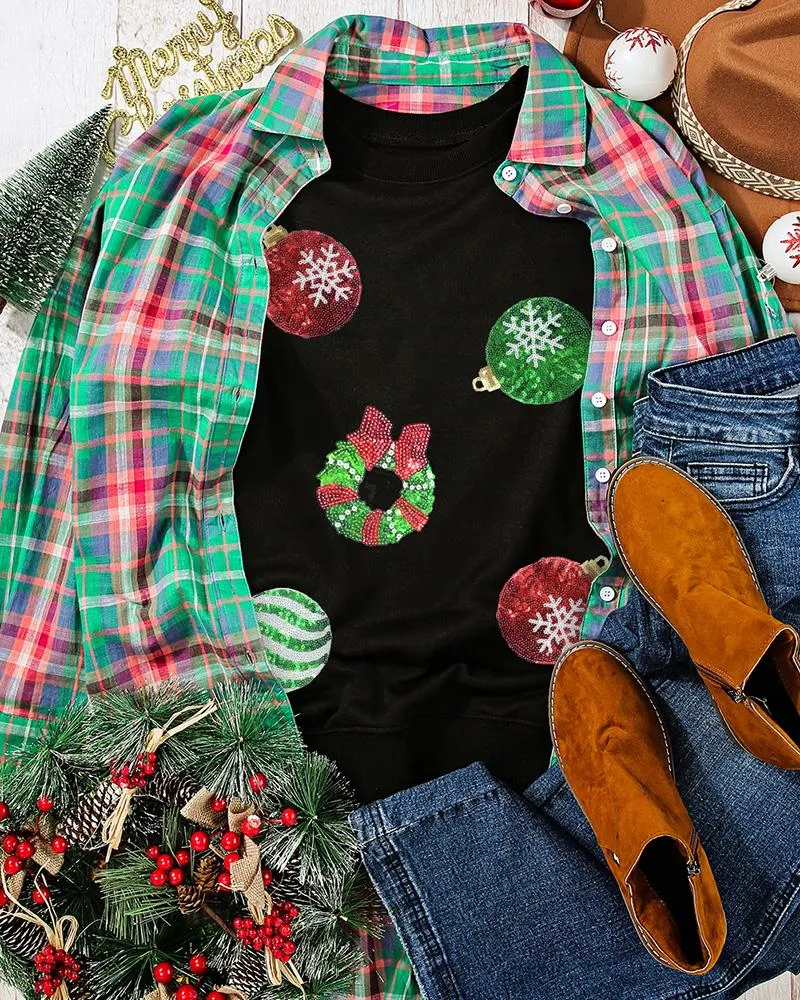 Christmas Wreath Bowknot Pattern Contrast Sequin Sweatshirt